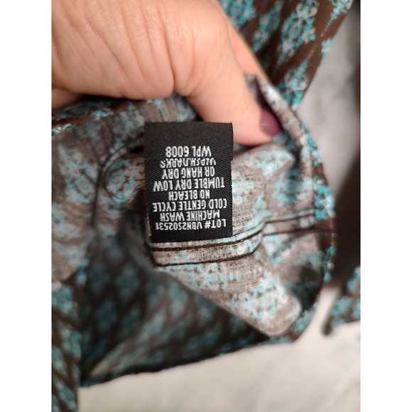 Rock & Roll Denim Kids Western Shirt S Brown Turquoise Diamond Print Snap Front - Picture 7 of 9